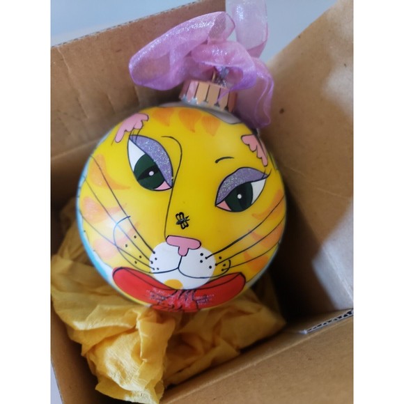 NEW Cat Ornament by DIANE ARTWARE Handpainted 2002 ELAINE Glass ART COLLECTIBLE - Picture 1 of 4